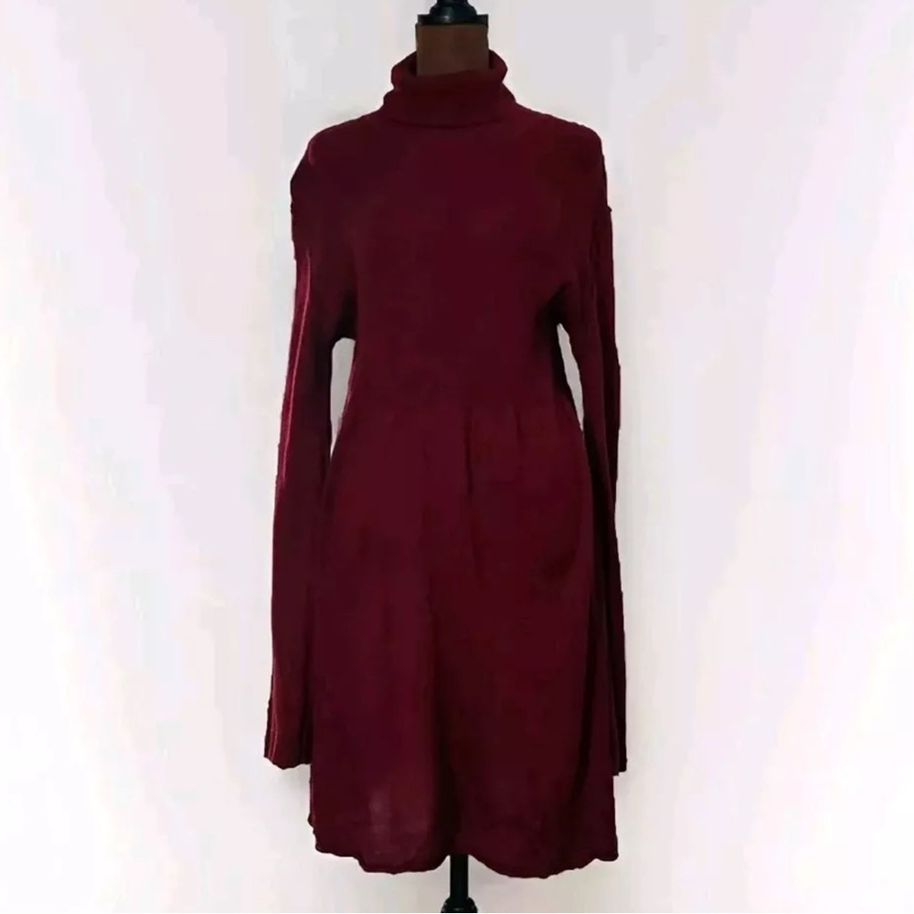 Soft Surroundings Dress Turtleneck Large Silk Cashmere Bell Long Sleeve Burgandy